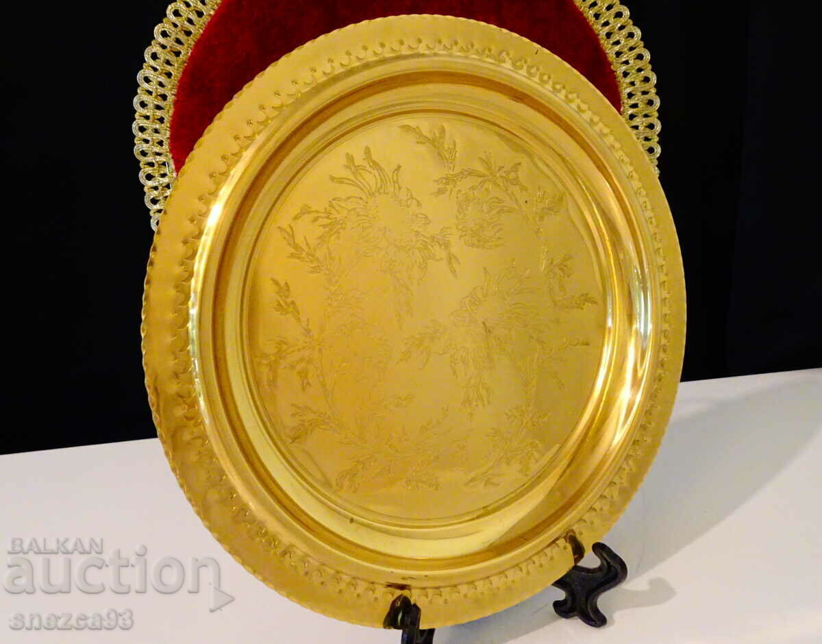 Gilded bronze tray, platter, panel, relief flowers - 5