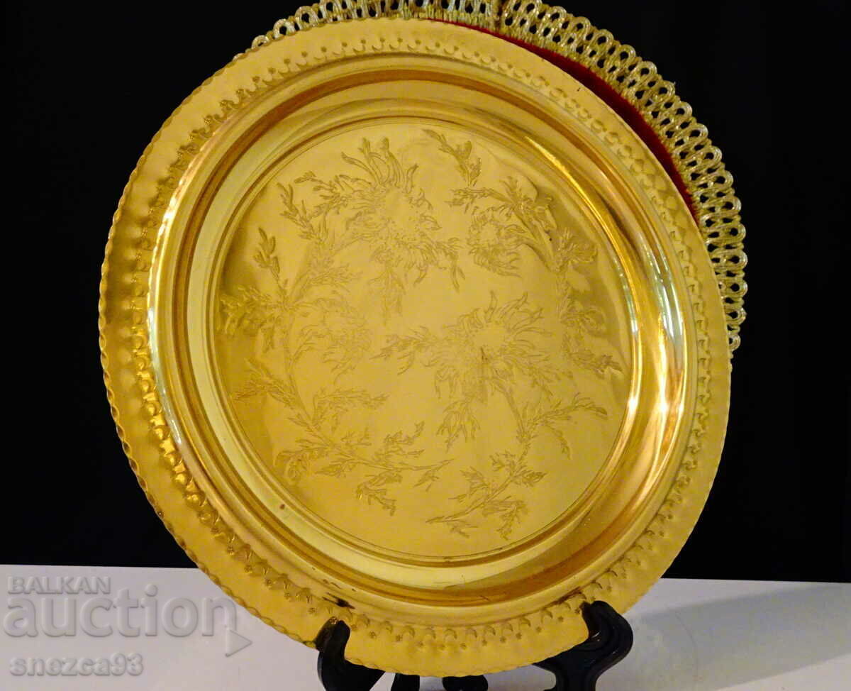 Gilded bronze tray, platter, panel, relief flowers