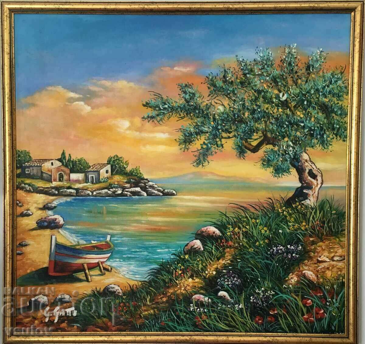 Peisaj italian, mare, pictură în ulei pe pânză