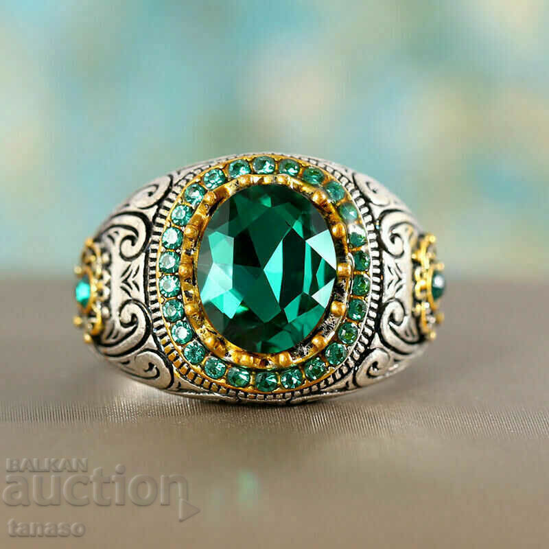 Men's ring with emerald and zircons with price 25.00 BGN | € 12.78 Men's ring with emerald and zircons with price 25.00 BGN | € 12.78