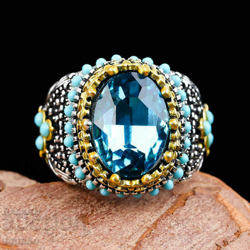 Men's ring with blue zircon and turquoises with price 25.00 BGN | € 12.78