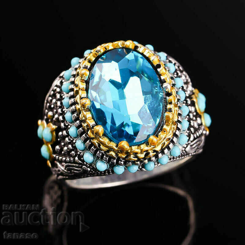 Men's ring with blue zircon and turquoises