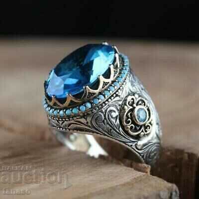 Auction Men's ring with aquamarine and turquoise Auction Men's ring with aquamarine and turquoise