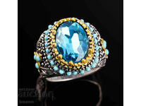 Men's ring with blue zircon and turquoises