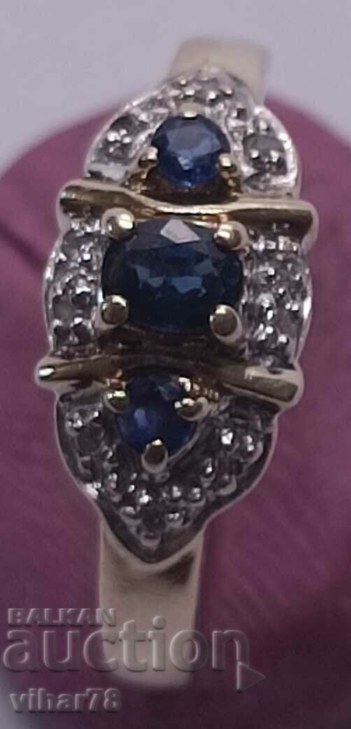 Auction  9/375 gold ring with diamonds and sapphire gemstones