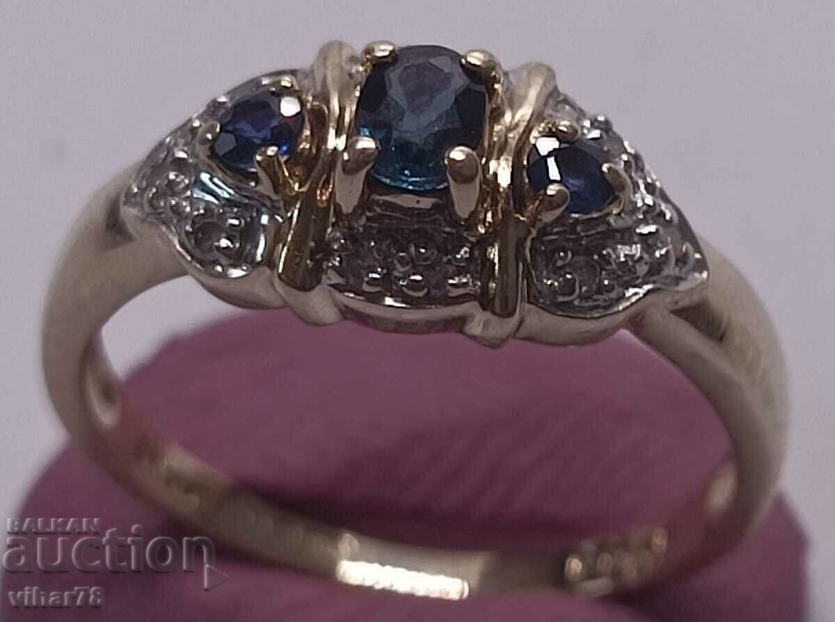 Златен пръстен 9/375 със скъпоценни камъни диаманти и сапфир