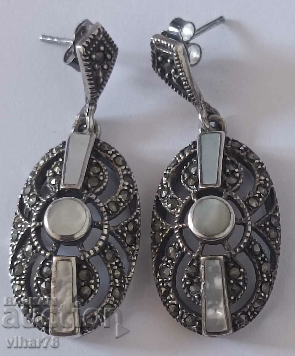 Silver earrings with marquisites and mother-of-pearl
