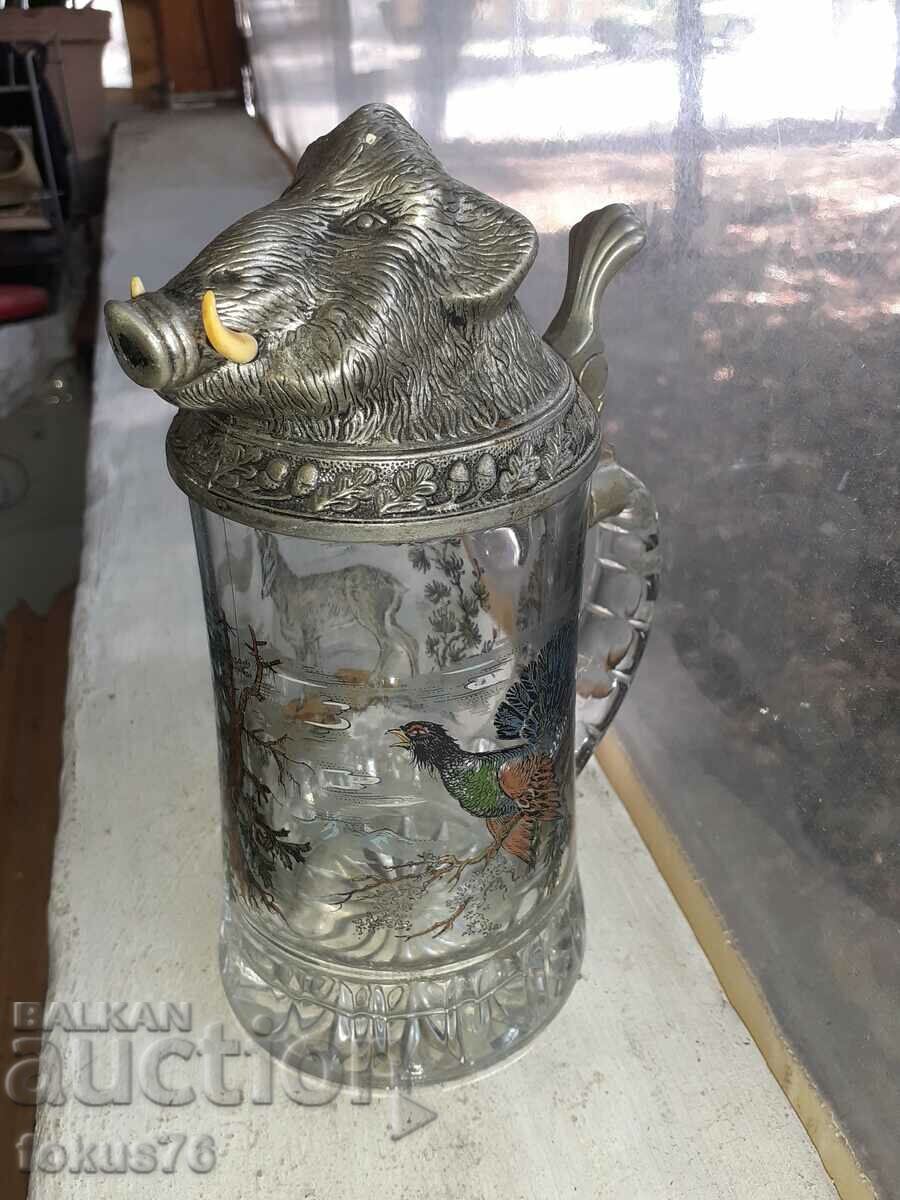 Auction Old German boar hunting themed beer mug Auction Old German boar hunting themed beer mug