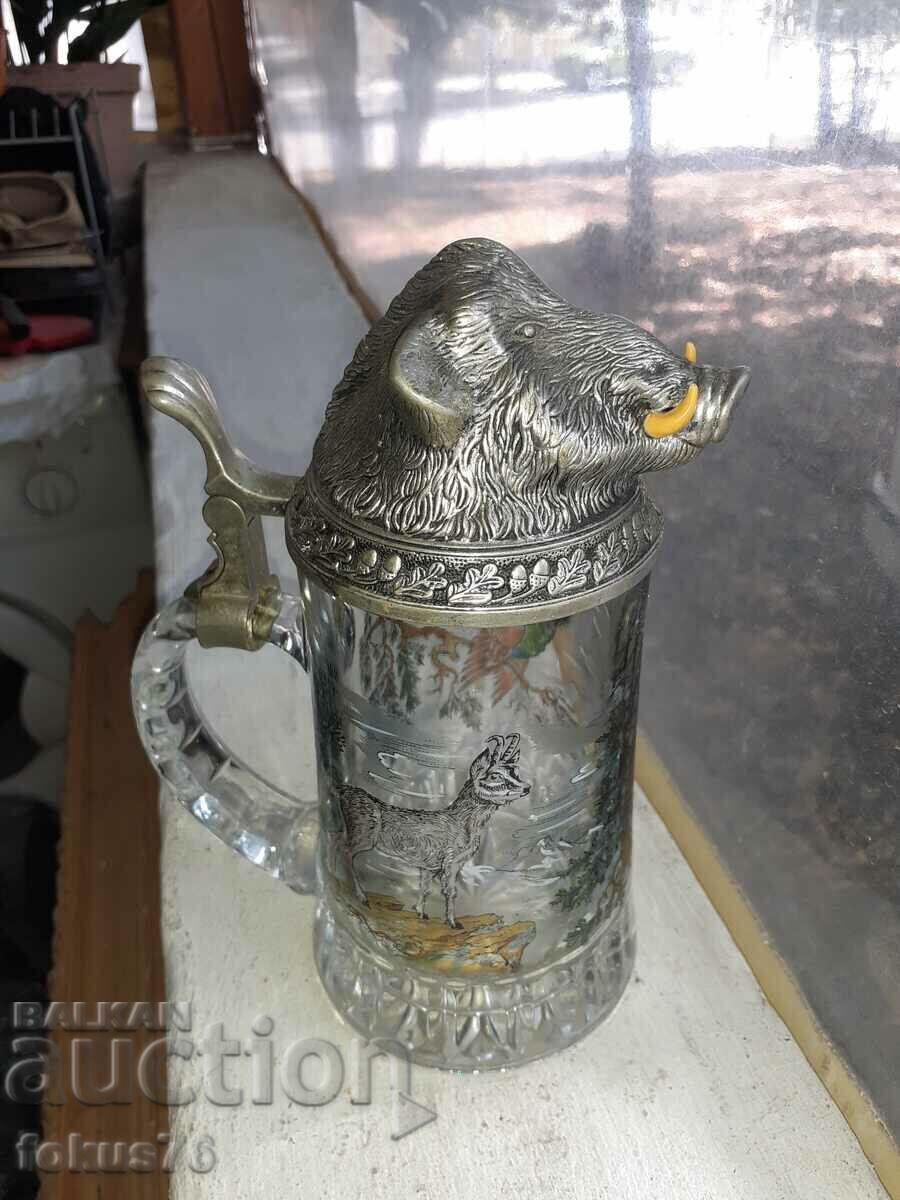 Old German boar hunting themed beer mug
