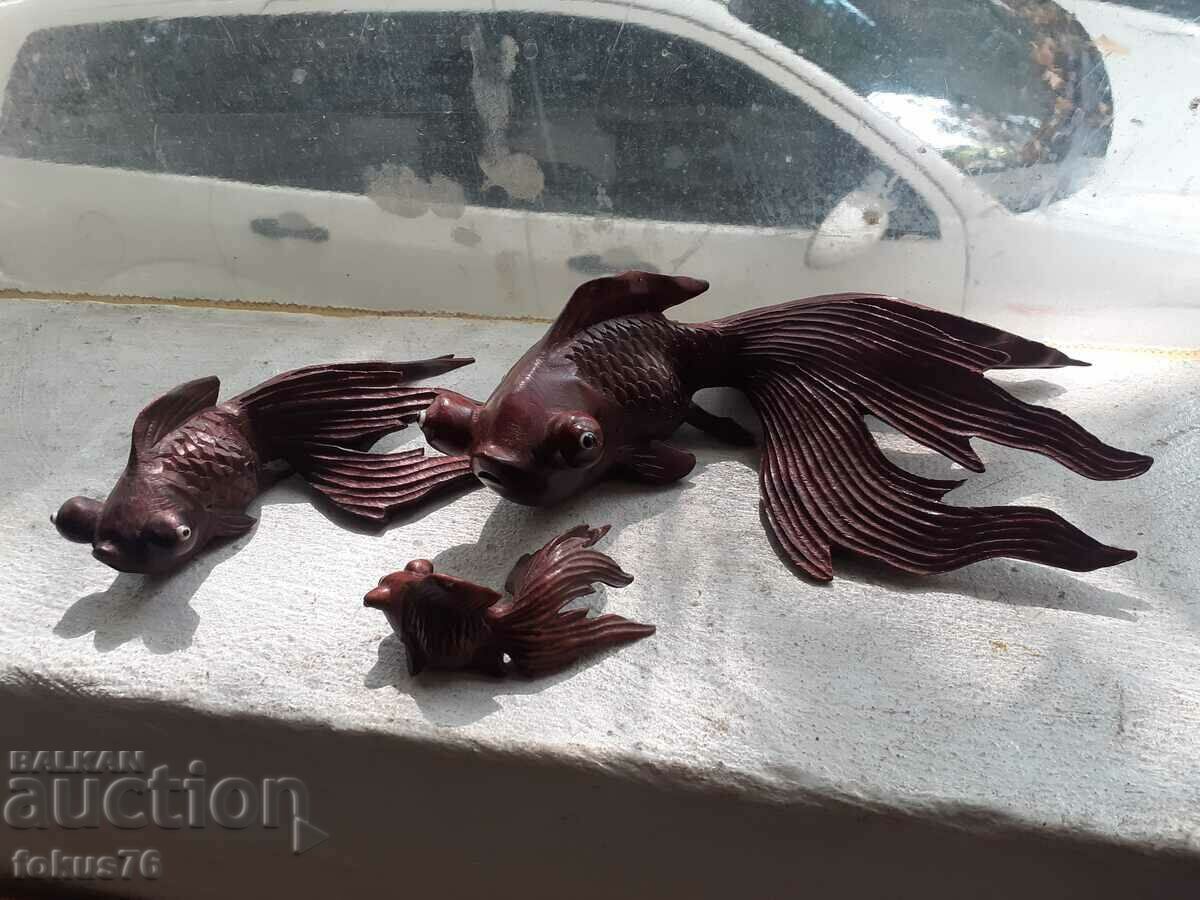 Δημοπρασία Σετ με τρία ιαπωνικά μαχητικά ψάρια Koi κόκκινη ξύλινη φιγούρα