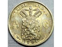 Нидерландия 1/10 гулден 1891 сребро Златна Патина