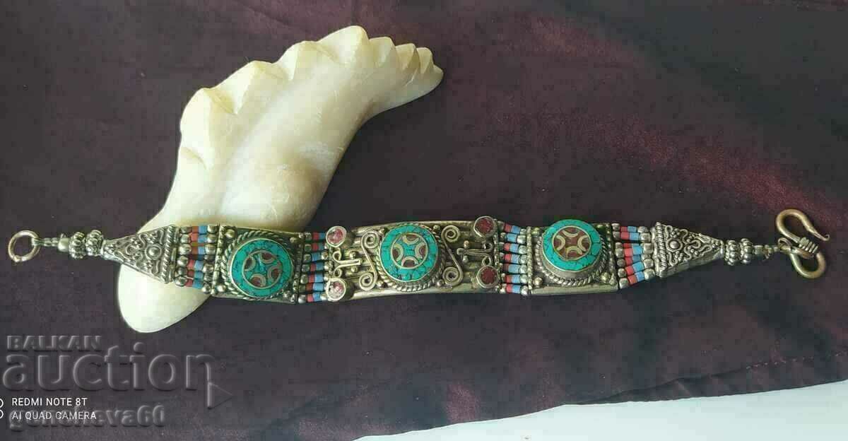 Unique Tibetan silver, turquoise and coral bracelet