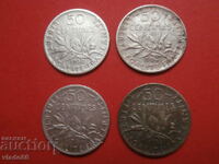 French silver 50 centimes 1900, 1904, 1913 and 1918