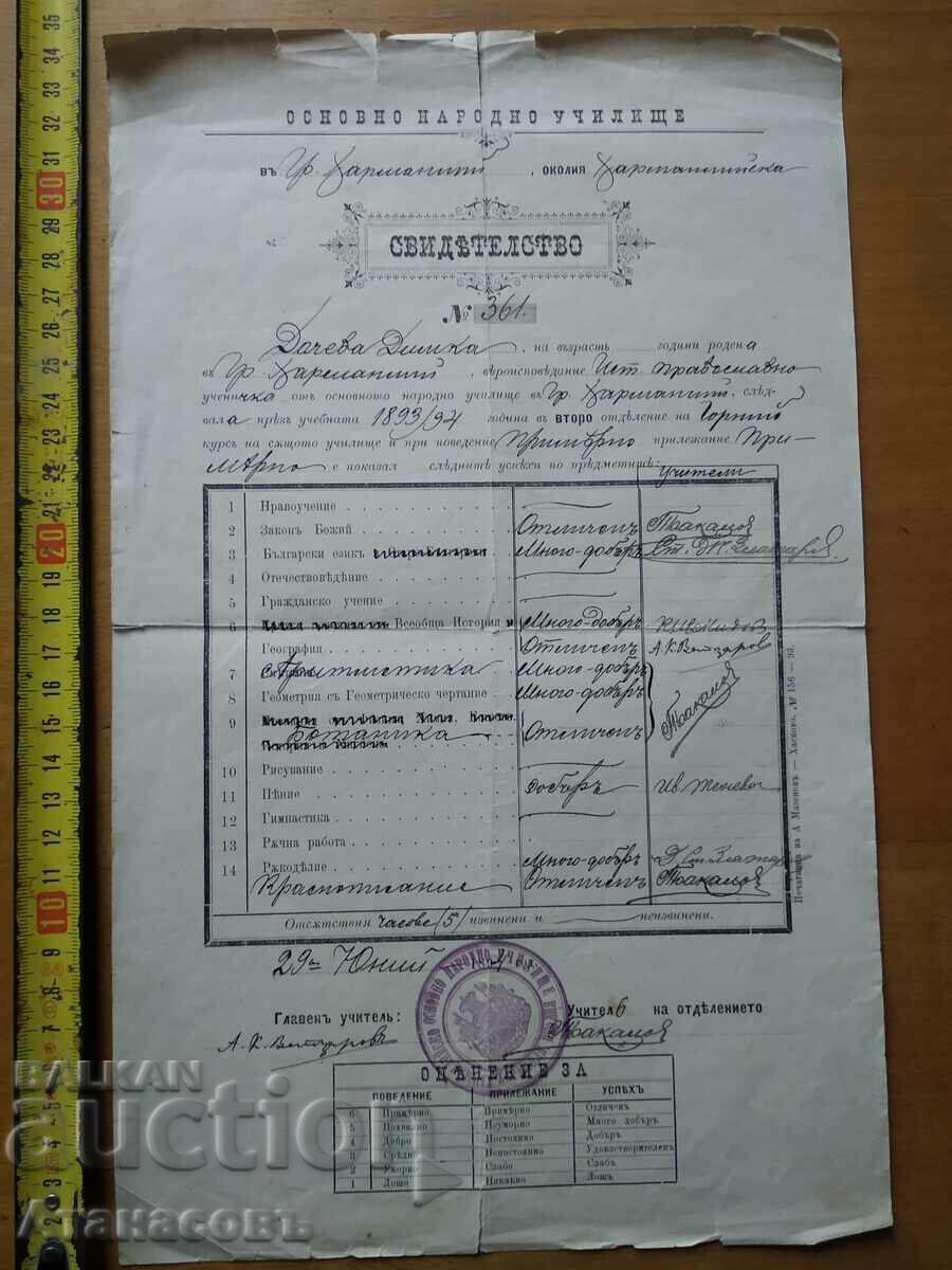 Certificate 1894 Harmanli High School for Girls