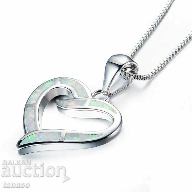 Simulated Opal Heart Necklace, Silver Plated