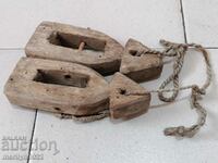 Old wood pulleys, polispast for loom, wooden, primitive