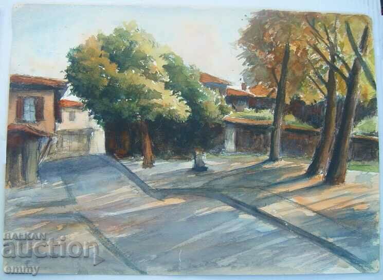 Old watercolor drawing - old houses, landscape