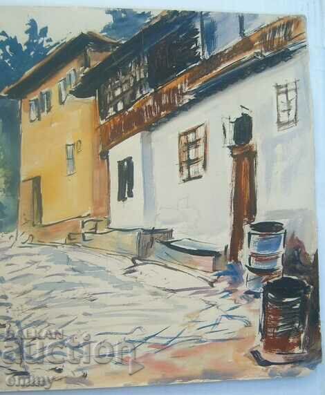 Auction Old watercolor drawing - street with old houses Auction Old watercolor drawing - street with old houses