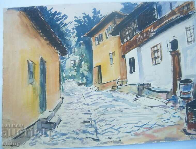 Old watercolor drawing - street with old houses