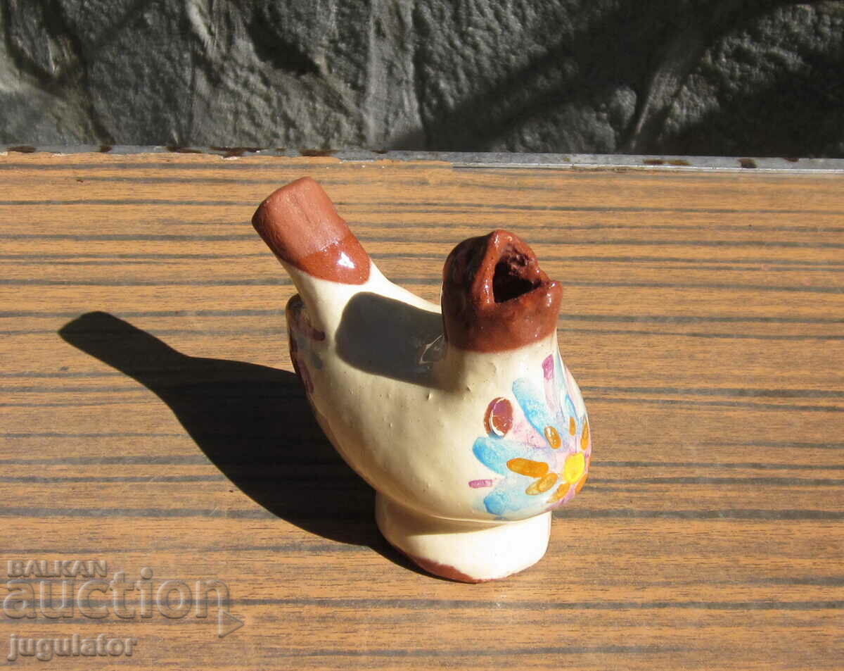 old Bulgarian folk ceramic whistle bird chicken