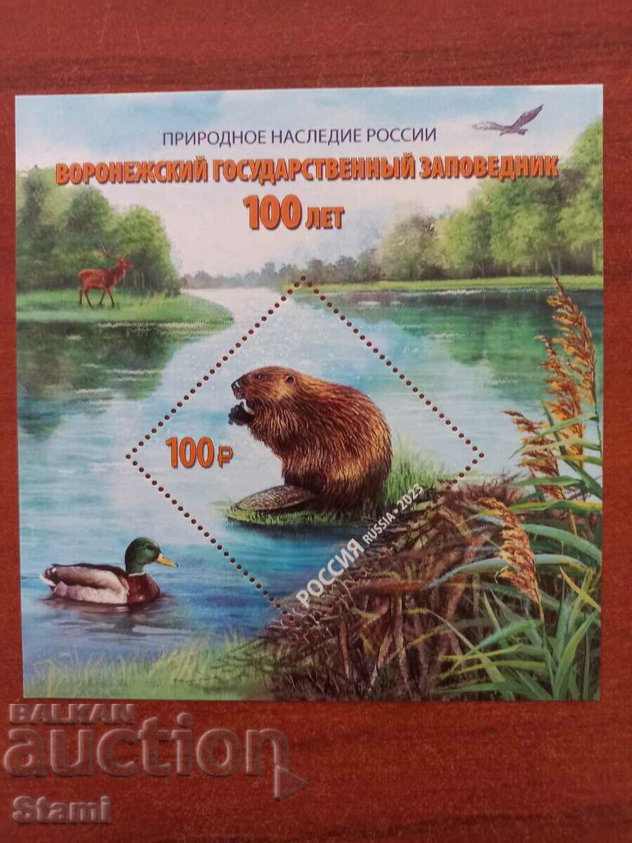 Bloc de timbre 100 de ani Parcul Național Voronezh, Rusia, 2023, monetărie
