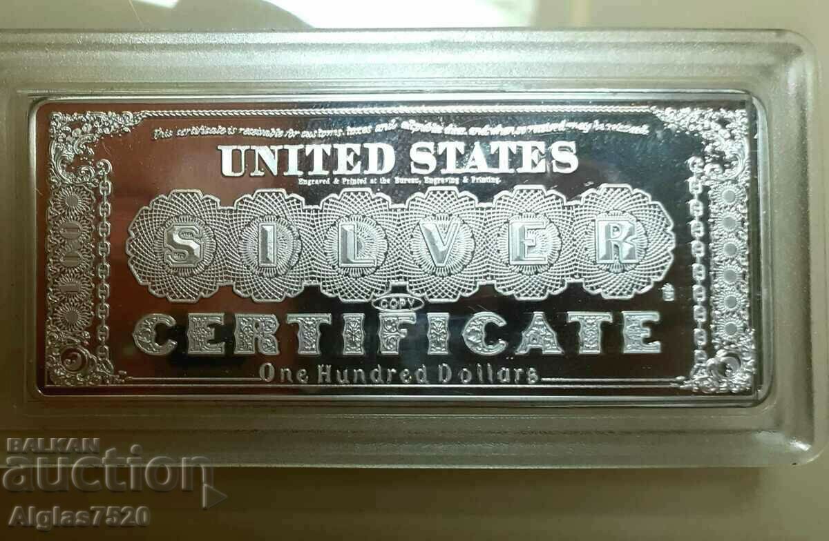 Bar placat cu argint/ 100 dolari/ gr. 45,16