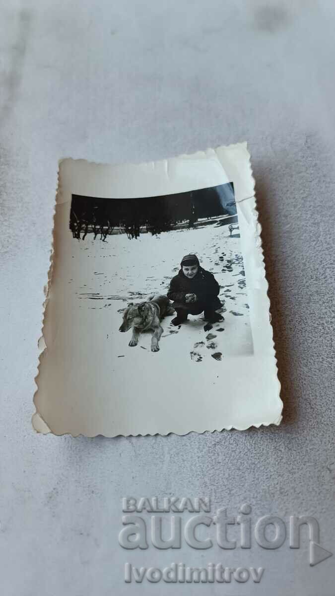 Снимка Момче с куче вълча порода на снега през зимата