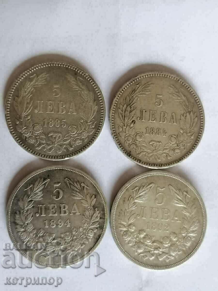 Лот каре 5 лева 1884 , 1885 , 1892 , 1894 г. сребърни