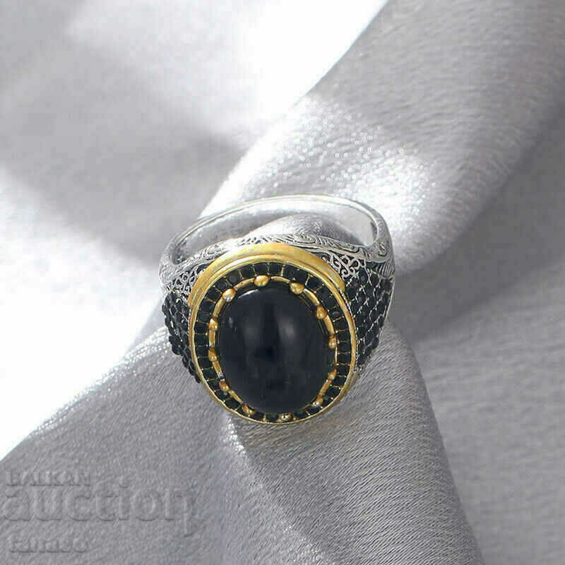 Licitație Inel barbatesc cu onix, placat cu argint Licitație Inel barbatesc cu onix, placat cu argint