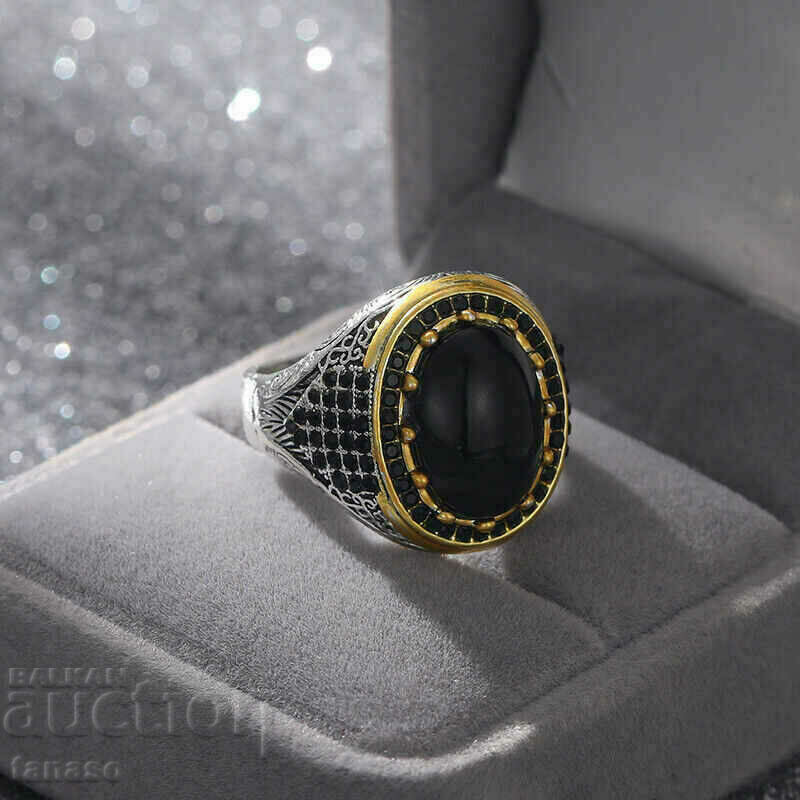 Men's ring with onyx, silver plated