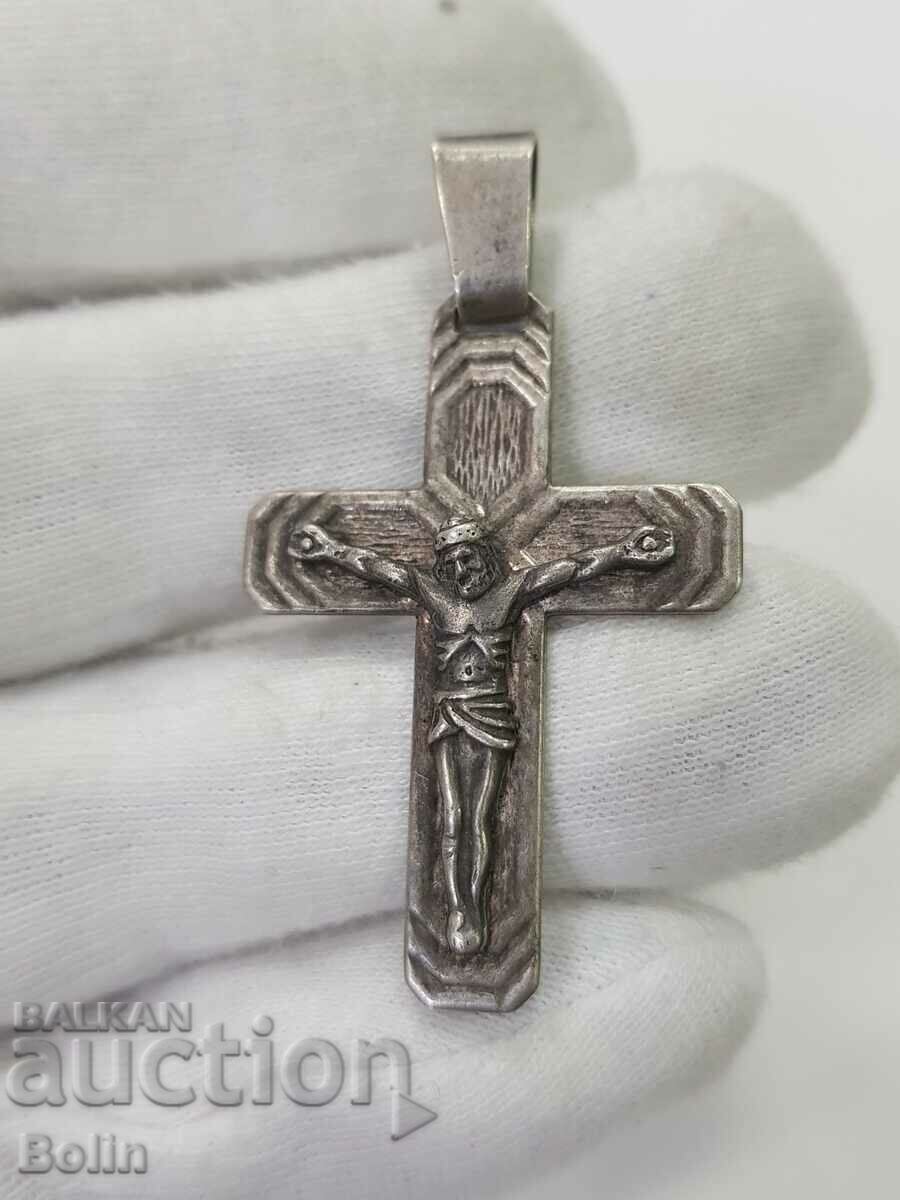 Cruce bărbătească veche de argint cu Iisus Hristos - Răstignire