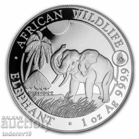 Elefant somalez de argint de 1 oz marca 2017. Cocoş