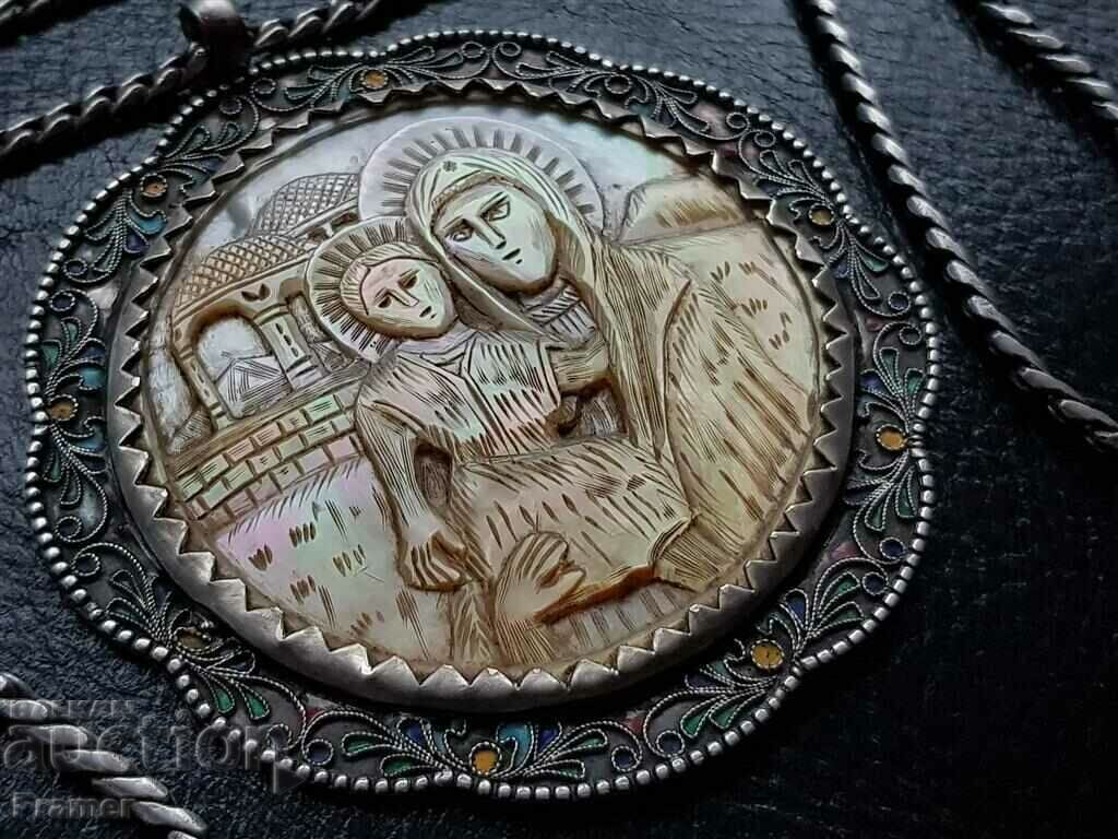 Παράδοση Ασημένιο 84 Τσαρική Ρωσία 1890 Θώρακα Παναγία Σταυρός εικόνα