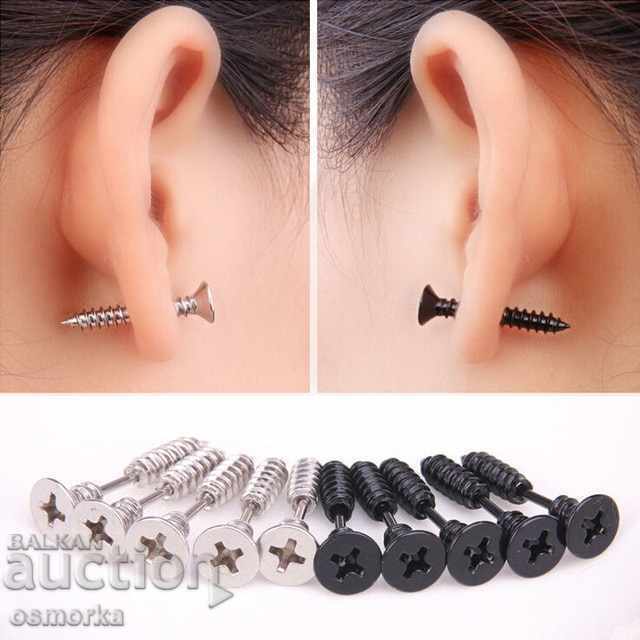 Earrings in the shape of screw bolt fancy tarika white