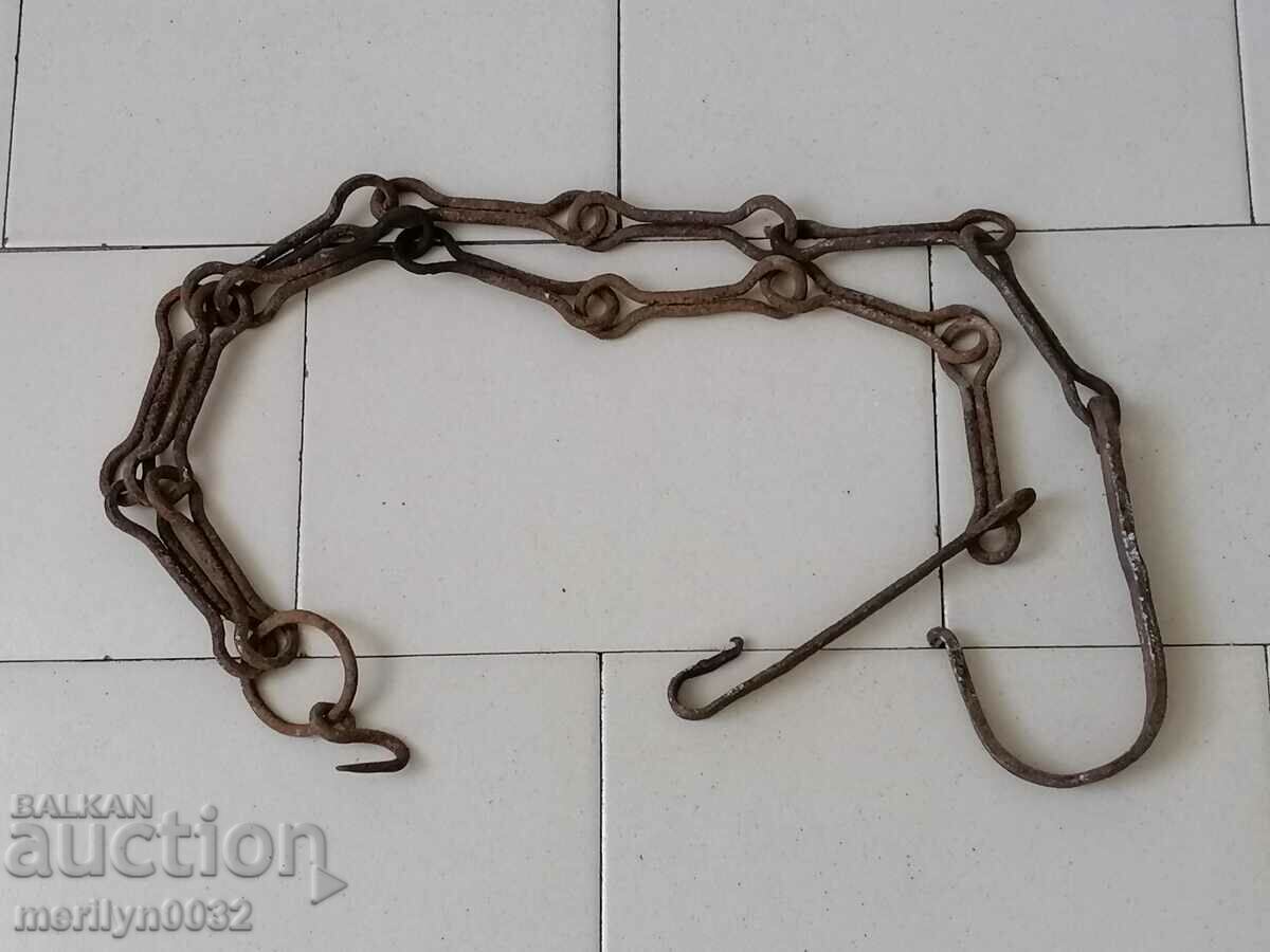 Auction Old forged chain with hook, hearth for hearth chain hook Auction Old forged chain with hook, hearth for hearth chain hook