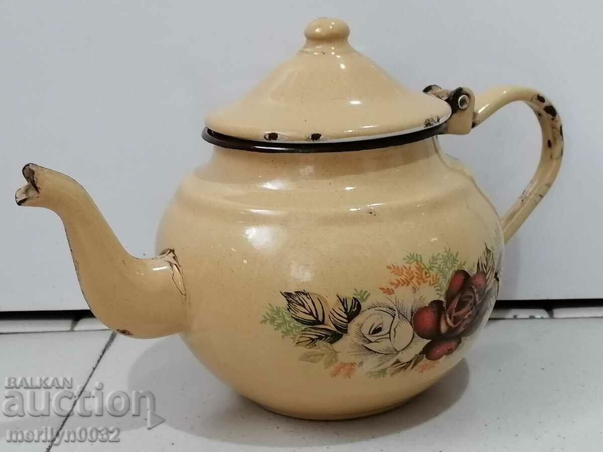Auction Enamelled teapot made of salt container with enamel Auction Enamelled teapot made of salt container with enamel