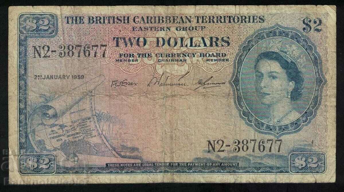 British Caribbean Territories 2 Dollars 1959 Pick 8b Ref 677