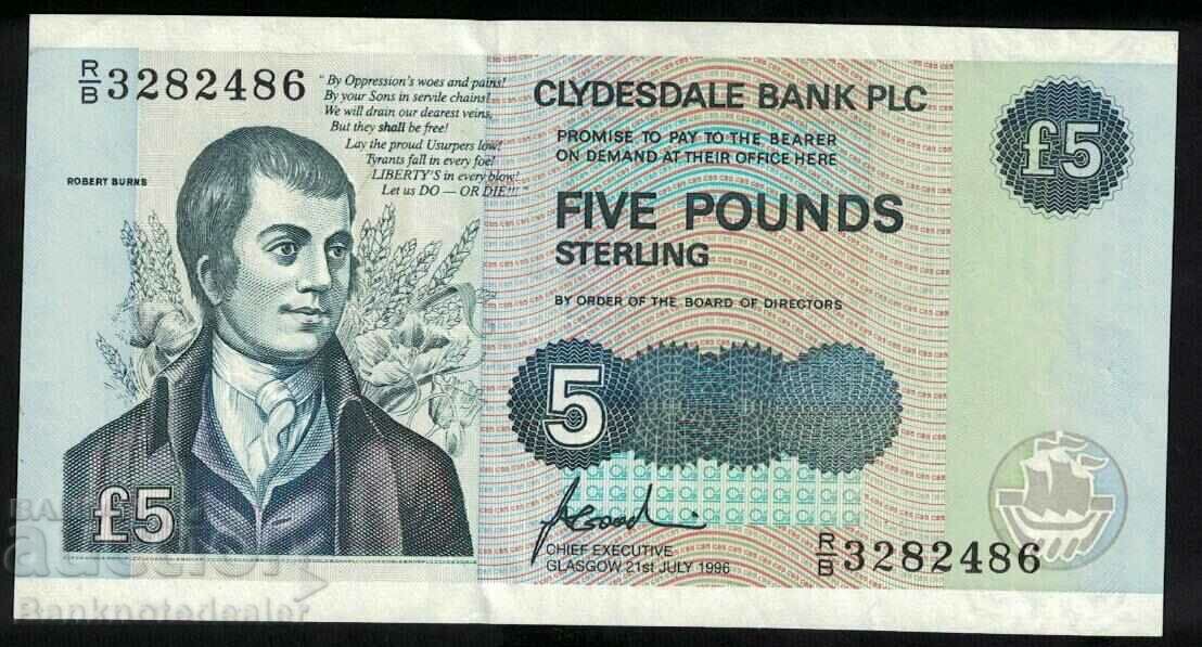 Scoția Clydesdale Bank Plc 5 Pounds 1996 Pick 218 Ref 2486