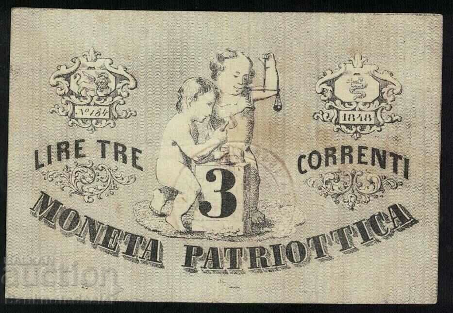 Italy 3 Lire Correnti Moneta Patriottica 1848 Pick 187