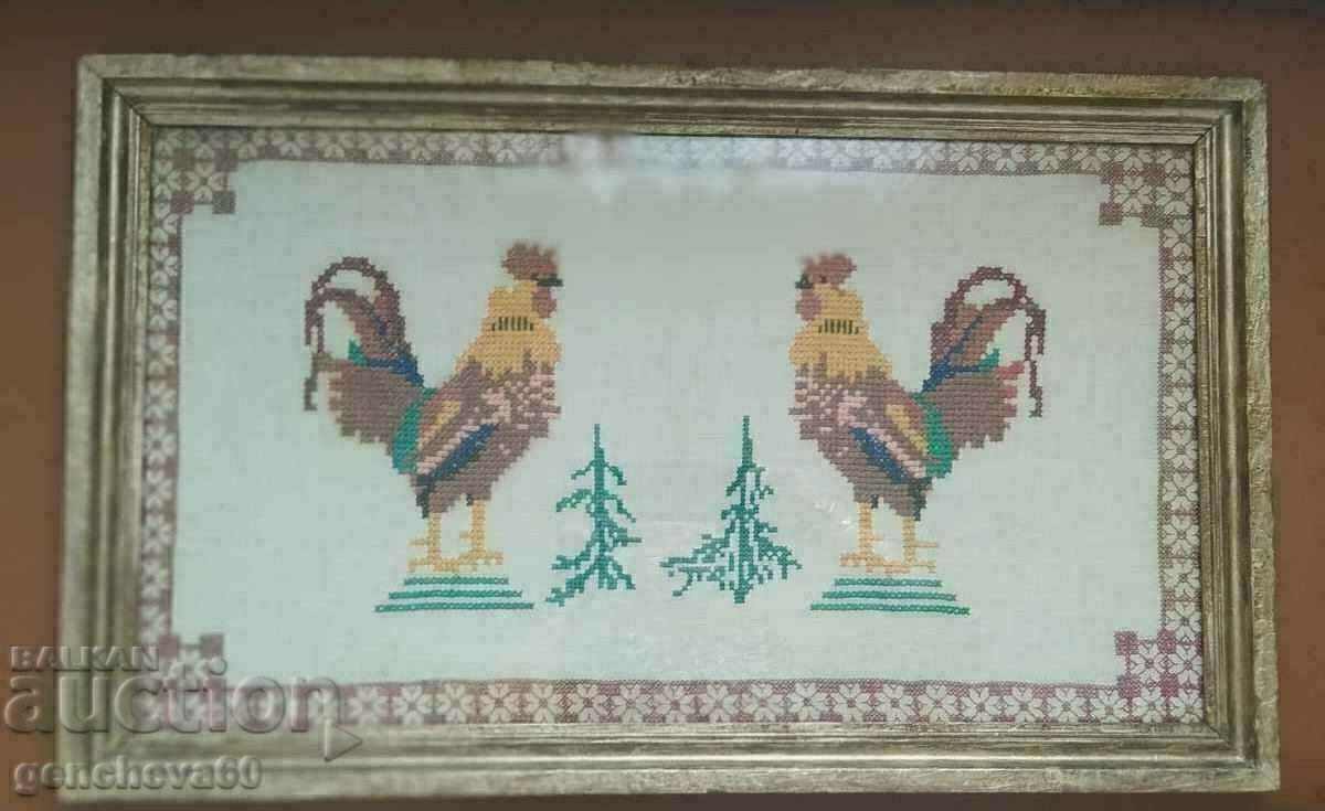 Large old tapestry "Roosters" - glass, frame with price 30.00 BGN | € 15.34 Large old tapestry "Roosters" - glass, frame with price 30.00 BGN | € 15.34