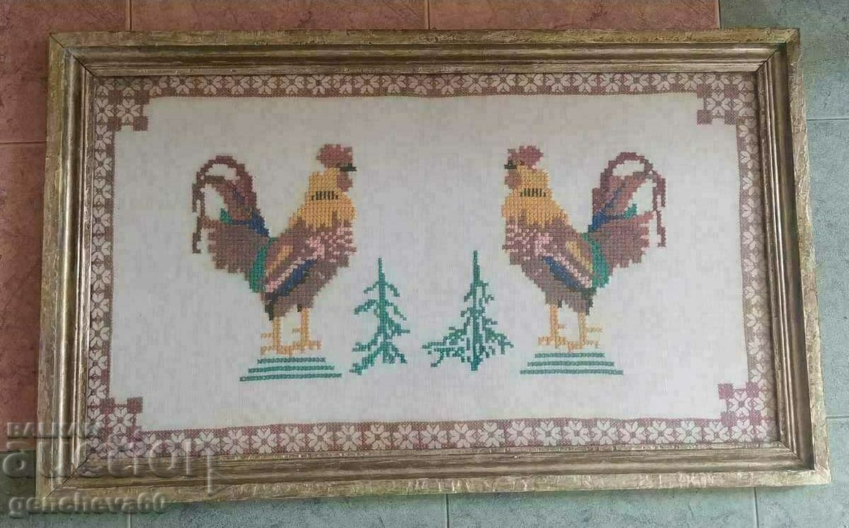 Auction Large old tapestry "Roosters" - glass, frame Auction Large old tapestry "Roosters" - glass, frame