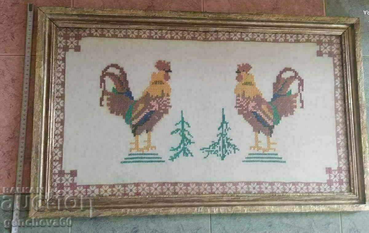 Delivery of Large old tapestry "Roosters" - glass, frame Delivery of Large old tapestry "Roosters" - glass, frame
