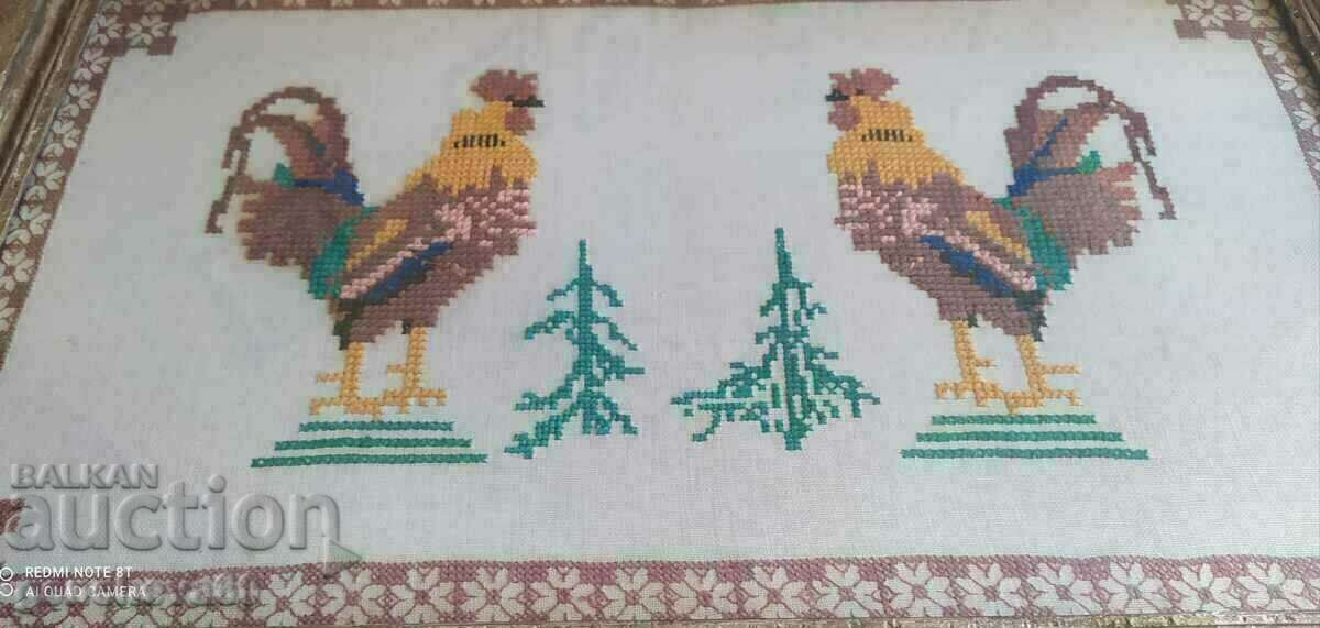 Large old tapestry "Roosters" - glass, frame - 6 Large old tapestry "Roosters" - glass, frame - 6