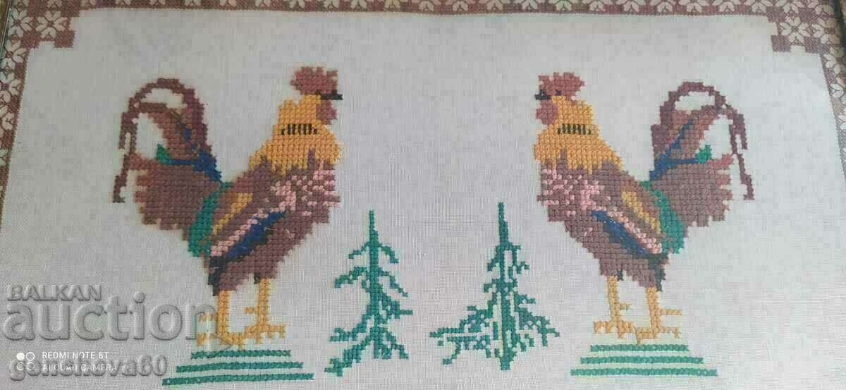 Large old tapestry "Roosters" - glass, frame - 7 Large old tapestry "Roosters" - glass, frame - 7