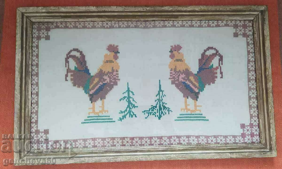 Large old tapestry "Roosters" - glass, frame