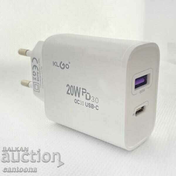 20 W fast charging adapter KLGO PD-300, USB-A/USB-C with price 16.99 BGN | € 8.69