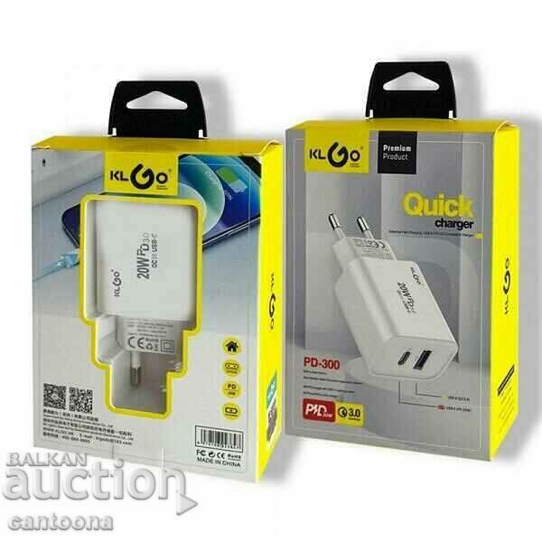 Adaptor de încărcare rapidă de 20 W KLGO PD-300, USB-A/USB-C