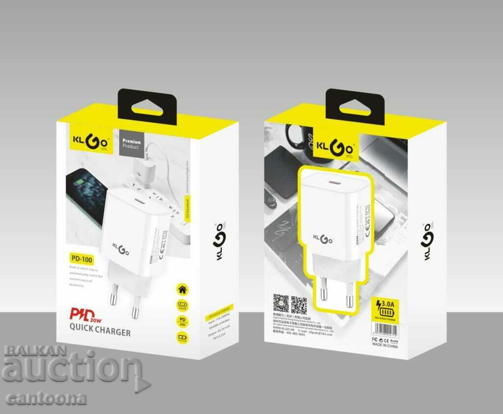 Mains charger, adapter, KLGO PD-100, Type C, 3.0A with price 13.99 BGN | € 7.15 Mains charger, adapter, KLGO PD-100, Type C, 3.0A with price 13.99 BGN | € 7.15