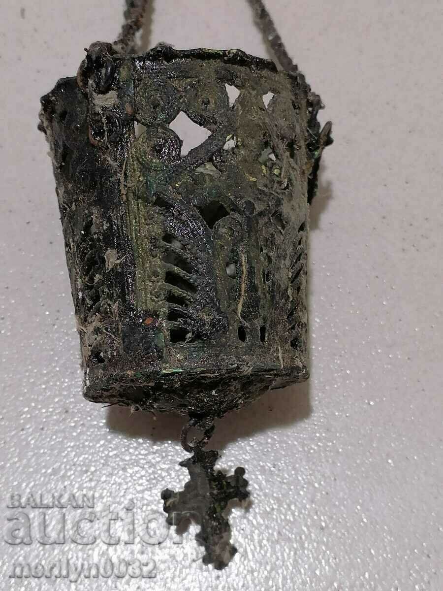 Auction Old bronze oil lamp, icon, religion, cross Auction Old bronze oil lamp, icon, religion, cross