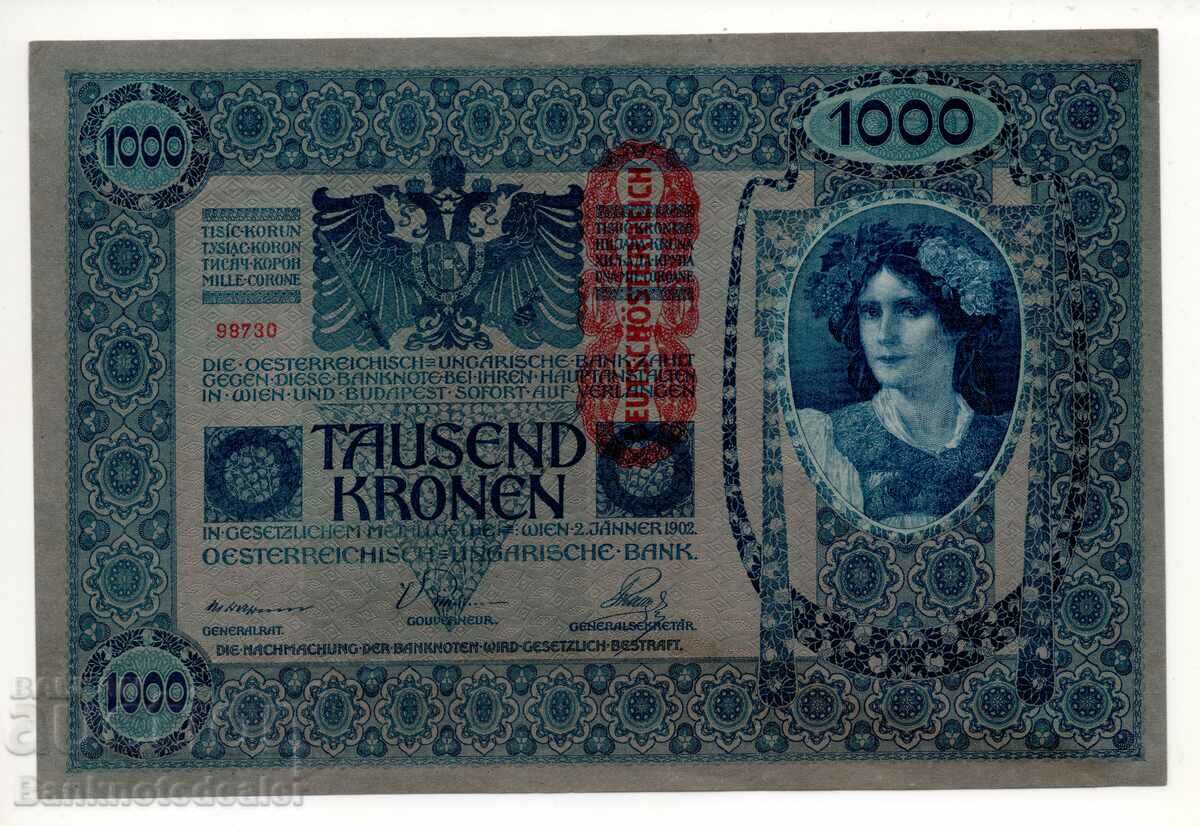 Austria 1000 Korana red Overprint 1902 1919 Pick 61 Ref 8730 with price 35.00 BGN | € 17.90 Austria 1000 Korana red Overprint 1902 1919 Pick 61 Ref 8730 with price 35.00 BGN | € 17.90